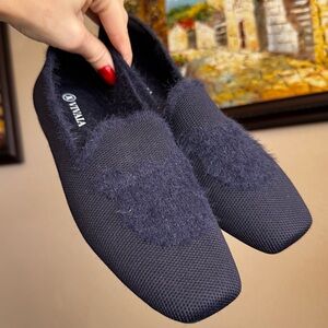 Vivaia Navy Blue Audrey Mink Bear Loafers 37.5 Flats Shoes